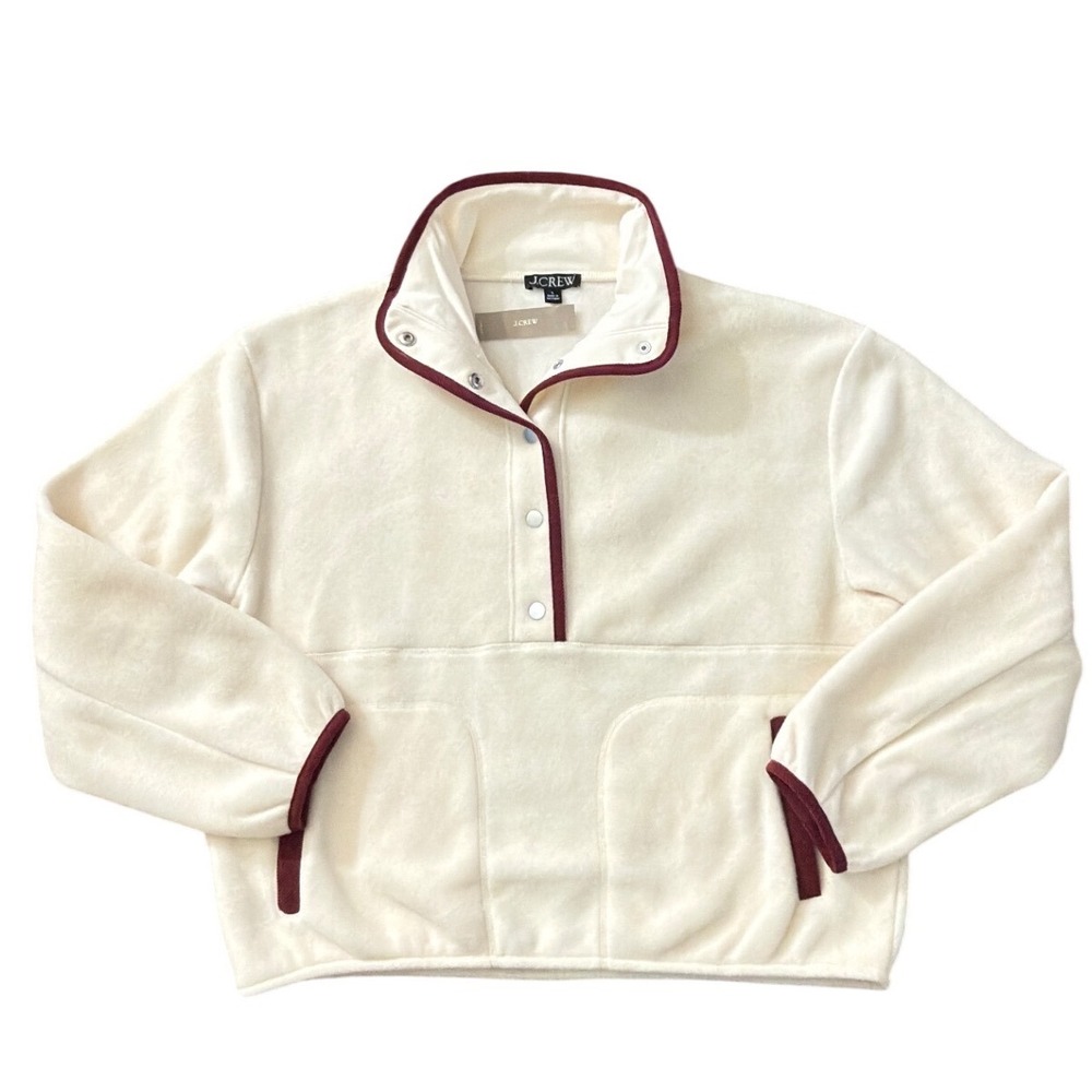 J Crew Womens Wool Blend Fleece Snap Neck Pullover Cream Burgundy L NWT ii06